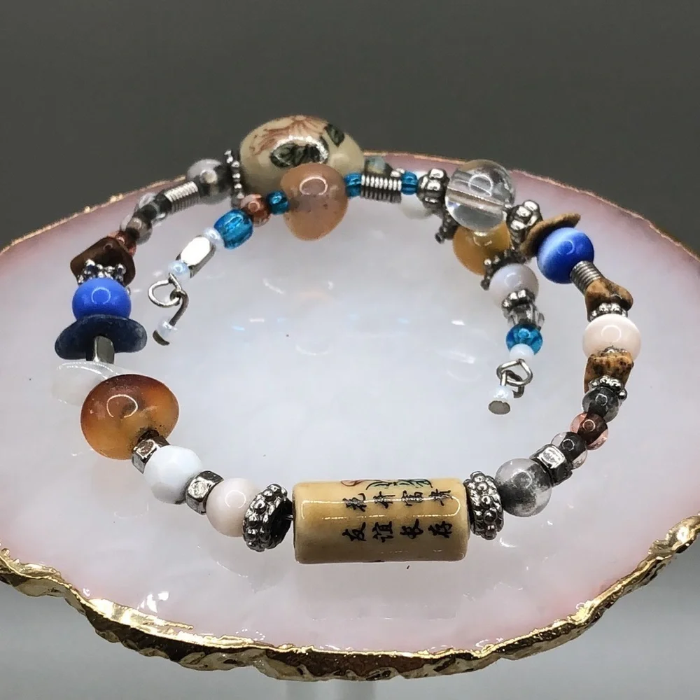 ARTISAN handmade Asian ceramic beads memory coil bracelet boho layering